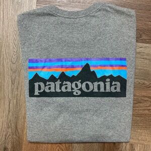 Patagonia T-Shirt Mens Medium Gray Short Sleeve‎ Logo Graphic Crew Neck Classic